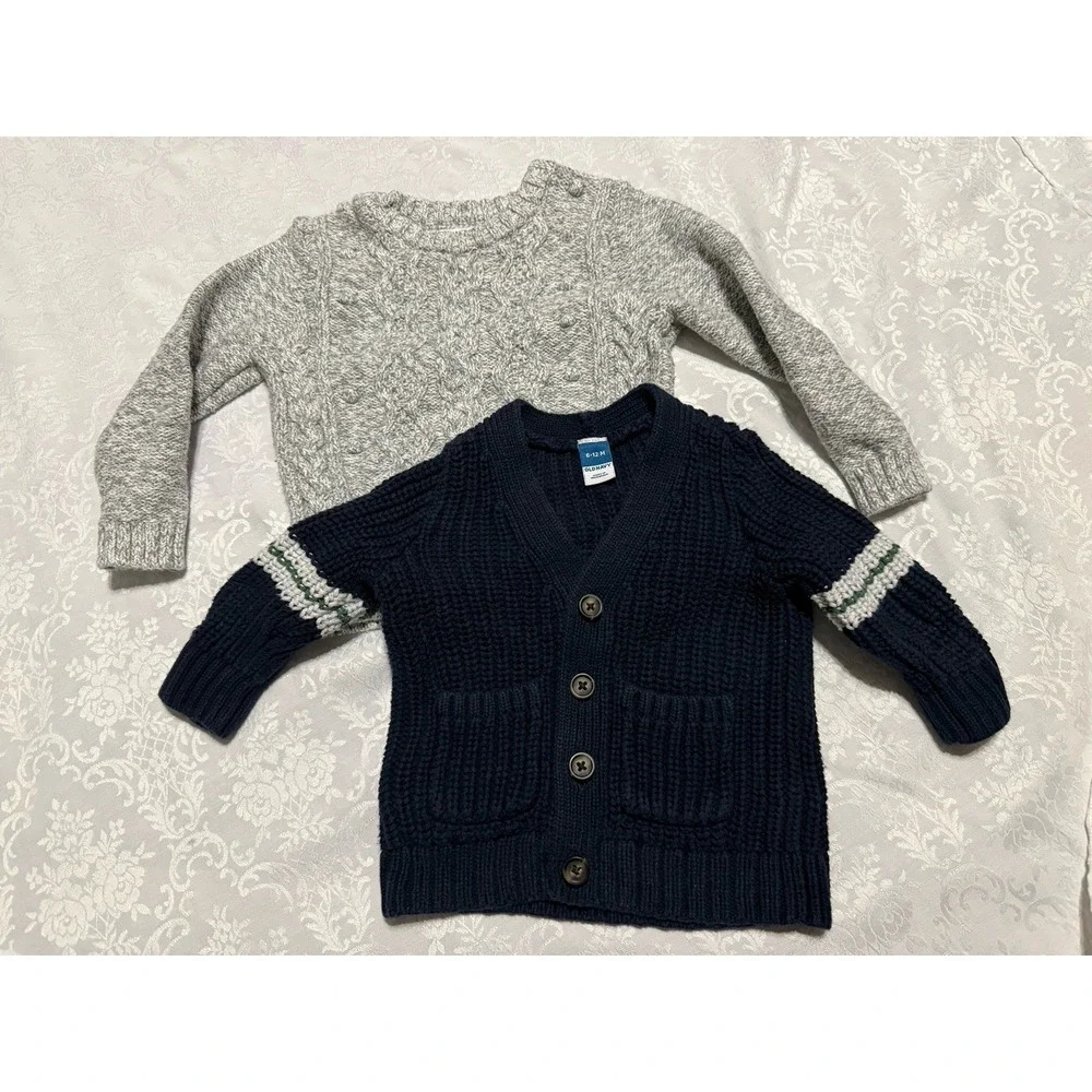 Lot of 2 Boys Knit‎ Sweaters 6-12 Month Baby + 2T Toddler Old Navy Gray Blue